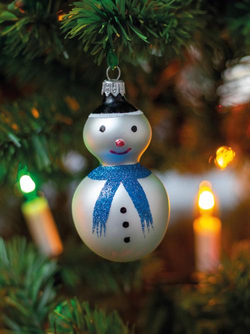 bombka retro na choince srebrny bałwanek z niebieskim szalikiem