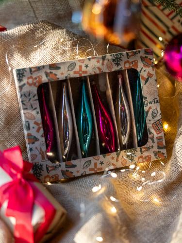 Bombki retro sople turkus-srebrny-róż - komplet 6 sztuk