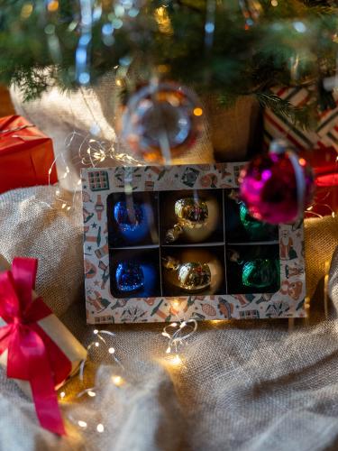 Bombki retro okrągłe niebieski-złoty-zieleń - komplet 6 sztuk