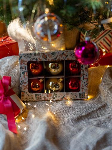 Bombki retro okrągłe czerwony-złoty-pomarańcz - komplet 6 sztuk