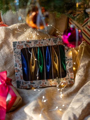 Bombki retro sople niebieski-złoty-zieleń - komplet 6 sztuk